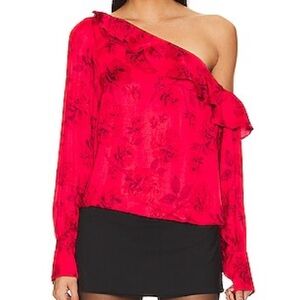 Free People Off-Shoulder Red Floral Ruffle Blouse Medium NWT